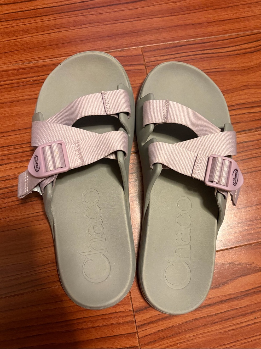 Chaco Women's Slide Sandals in Pale Pink and Gray-Green